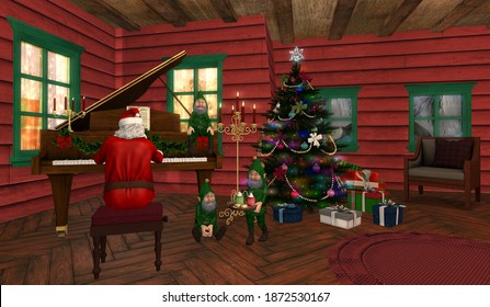 In The House Santa Claus Plays The Piano For The Elves, 3d Illustration 