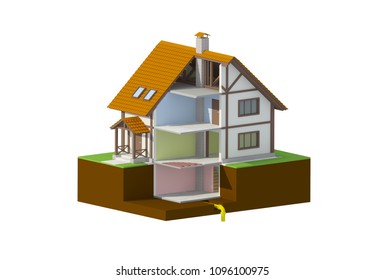 House In A Section, Rooms, 3d Render Illustration