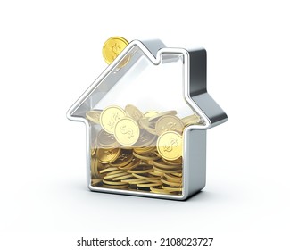 House Shape Piggy Bank With Dollar Coins. Money Box, Saving Money, Buying A House, Mortgage Concept. 3d Rendering.