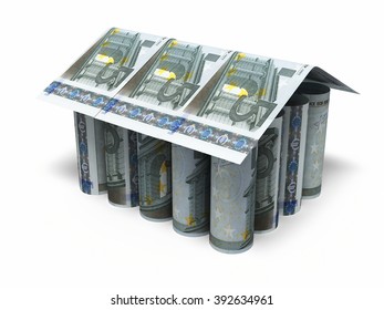 House shaped Five euro roll banknotes close-up (isolated on white and clipping path)