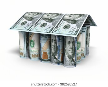House shaped New Hundred dollar roll banknotes closeup (isolated )