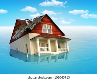 House Sinking In Water ,real Estate Housing Crisis,flooding, Ect. Concept