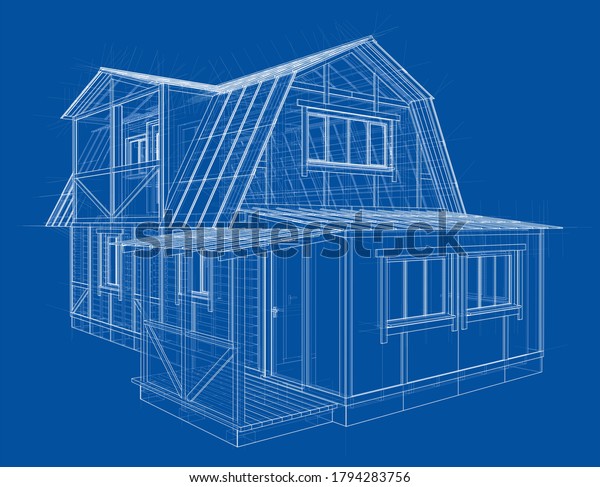 House Sketch 3d Illustration Wireframe Outline Stock Illustration 