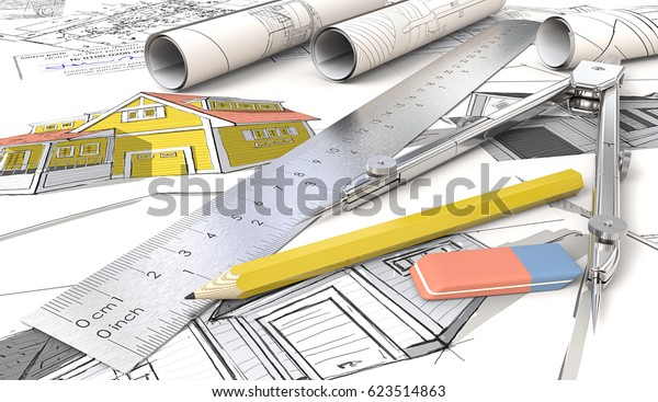 House\
Sketches. Yellow Theme Architectural house sketches. Rolls, Ruler,\
Pencil, Eraser and Divider of metal. 3D render.\
