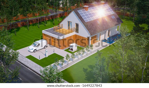House with solar cells and electric van\
charging 3d\
illustration