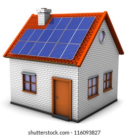 House With Solar Panels On The White Background.