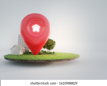 House Symbol With Location Pin Icon On Earth And Green Grass In Real Estate Sale Or Property Investment Concept. Buying Land For New Home. 3d Illustration Of Big Advertising Sign.
