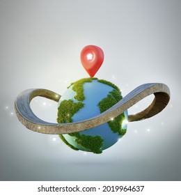 House Symbol With Location Pin Icon On Earth And Road Ring In Travel Around The World Or Property Investment Concept. Buying Land For New Home. 3d Illustration Of Real Estate Advertising Sign.