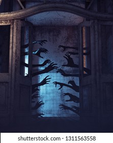 House Of A Thousand Hands,Undead Hands Behind The Door Of A Haunted House,3d Rendering