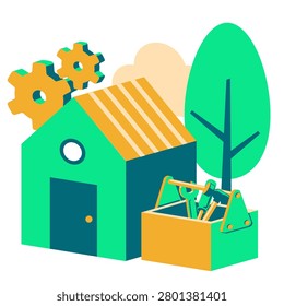 A house with a tool box and gea. Vector illustration for property management, home repair, and landlord app services.
