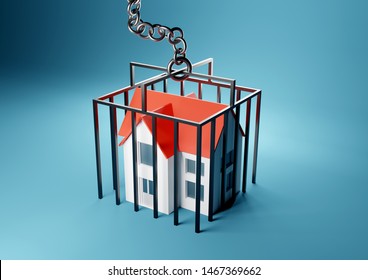 A house trapped in a caged prison. Mortgage, home owner trapped concept. 3D render illustration.