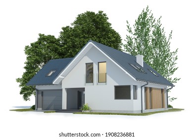 Haus und Bäume einzeln auf Weiß, 3D-Illustration