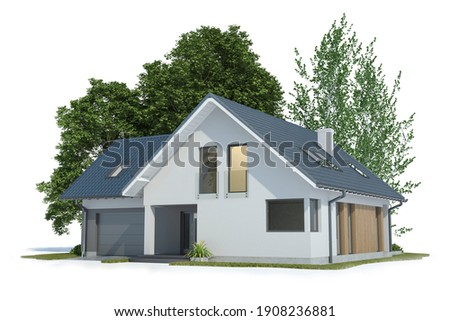 House and trees isolated on white, 3d illustration
