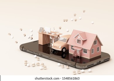A house and vintage car and working table on the phone in pink tone color. 3D rendering