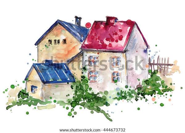 家 村の空間の水彩イラスト 田舎家 家 屋根 アーキテクチャ 白い背景に水彩の手描きのイラスト スイートホーム 木と花と葉を持つ家 のイラスト素材
