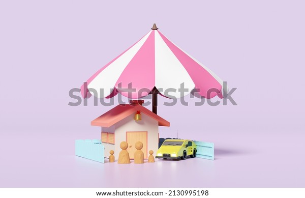 House with wooden doll figures\
family, umbrella, car  isolated on purple background. happy family,\
protection, mortgage loans concept, 3d illustration, 3d\
render