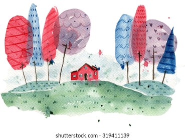 House in the Woods Watercolor