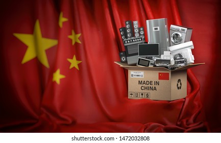 Household Appliances Made In China. Home Kitchen Technics In A Cardboard Box Producted And Delivered From China. 3d Illustration