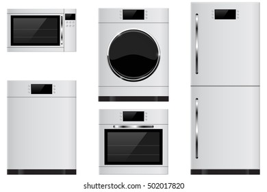 Household appliances - refrigerator, oven, microwave, dishwasher, washing machine. 3d illustration isolated on white background. Raster version