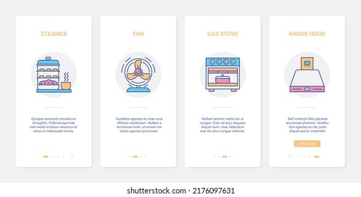 Household Home Equipment Illustration. UX, UI Onboarding Mobile App Page Screen Set With Line Kitchen Electric Appliances, Steamer And Gas Stove For Cooking Food, Range Hood Fan Symbols