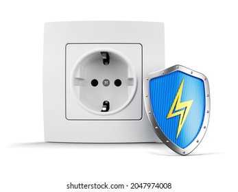 Household socket and shield with lightning. Power protection concept. 3d render