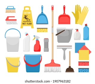Householding cleaning tools. Housekeeping tool icons for home and office cleaning, bucket and foam, detergent bottles and washing supplies, sweeping brush and bucket illustration