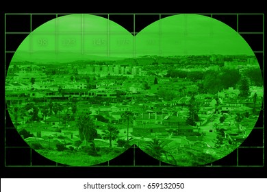 Houses In City - View Through Night Vision