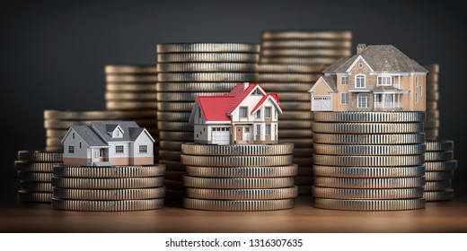 Houses of different size with different value on stacks of coins. Concept of  property, mortgage and real estate investment.  3d illustration