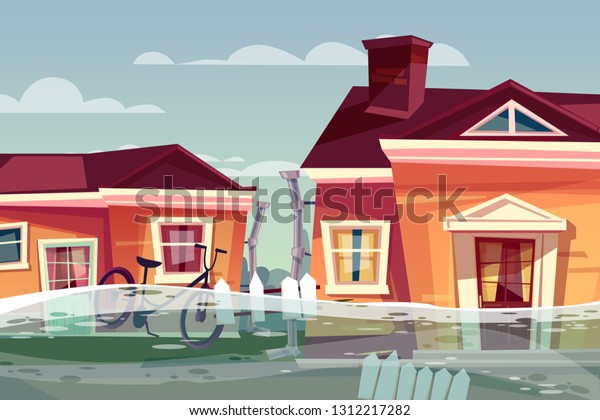 Houses in flood illustration of\
buildings under deluge water flowing in street. Nature disaster,\
cataclysm rain storm or tsunami and river overflow in rural\
country