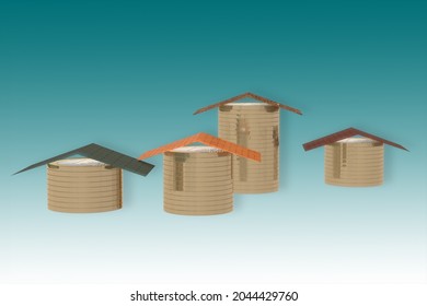Houses made from lot of coins. 3D Illustration