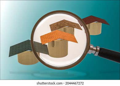Houses made of a lot of coins and House searching concept with a magnifying glass. 3D Illustration