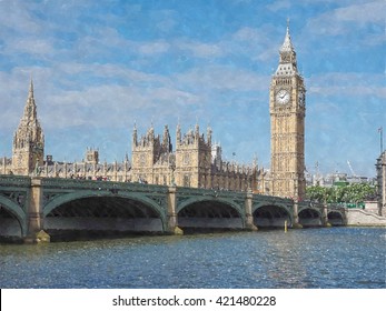 Houses Of Parliament Aka Westminster Palace In London, UK - Digital Painting Watercolour