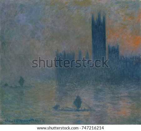 The Houses of Parliament , by Claude Monet, 1903_4, French impressionist oil painting. Between 1899 and 1901, Monet painted views of the Thames River in London, including this one from Saint Thomass H