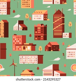 Houses Seamless Pattern. Urban Buildings Small City Constructions Garish Background