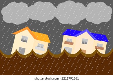 Houses Washed Away In Floods Caused By Heavy Rain.