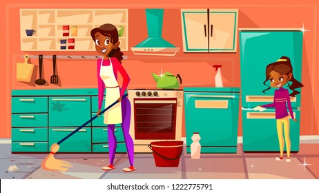 Housewife Cleaning Kitchen Illustration Of Afro American Mother Mopping Floor And Daughter Helps Clean Refrigerator. Flat Cartoon Black Family Cleaning Home Furniture Together