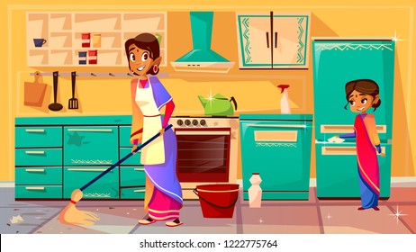 Housewife cleaning kitchen illustration of Indian mother in sari mopping floor and daughter helps clean refrigerator. Flat cartoon of family from India together cleaning kitchen furniture, cupboard - Powered by Shutterstock