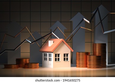 HOusing boom Affordable Accommodation Decide mortgage loan, investment, real estate and property concept - house model and stack gold coins 3d render