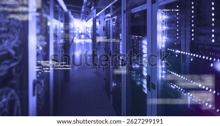 Housing server rack showing network cables in data center corridor, with blinking LEDs, copy space. Technology, infrastructure, connectivity, cybersecurity, industrial, modern, digital