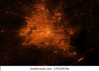 Houston Aerial View. Night City With Street Lights, View From Space. Urbanization Concept, Render