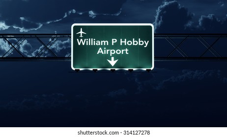 Houston Hobby USA Airport Highway Sign At Night 3D Illustration