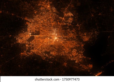 Houston Top View. Night City With Street Lights, View From Space. Urbanization Concept, Render