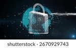 Hovering 3D padlock illustrating security in virtual network, with rotating globe and floating code. Cybersecurity, data protection, digital network, virtual interface, encryption, tech innovation,