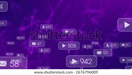 Hovering central play-button bubble in purple network, envelope, follower, view icons and counters. Futuristic, digital, connectivity, technology, data, network, analytics