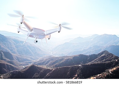 Hovering drone with camera in the sky above mountains.Monitoring concept. 3D Rendering