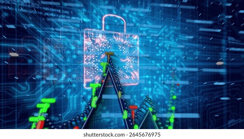 Hovering neon padlock glimmering above candlestick chart on circuit board, streaming data particles. Cybersecurity, data protection, digital security, futuristic, technology, innovation, networking