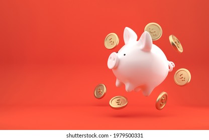 Hovering Piggy bank with falling dollar coins. Front view. Finance, saving money, pink piggy bank on bright red background. 3d rendering.