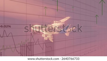 Hovering translucent airplane overlaying chart grid, with line graphs, bars, arrows and percentages. Aviation, finance, data visualization, growth, investment, technology, analytics