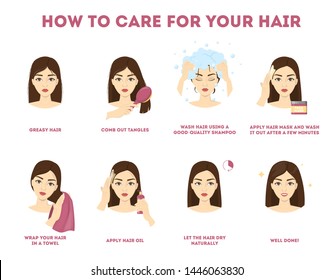 How To Care For Your Hair Instruction. Hair Treatment Procedure. Dry With Towel, Use Oil And Mask For Health. Isolated  Illustration