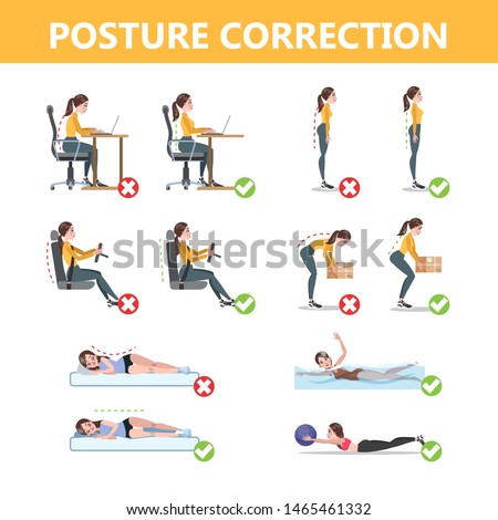 How to correct posture infographic. Incorrect pose and back pain. Wron and right body position. Isolated flat  illustration